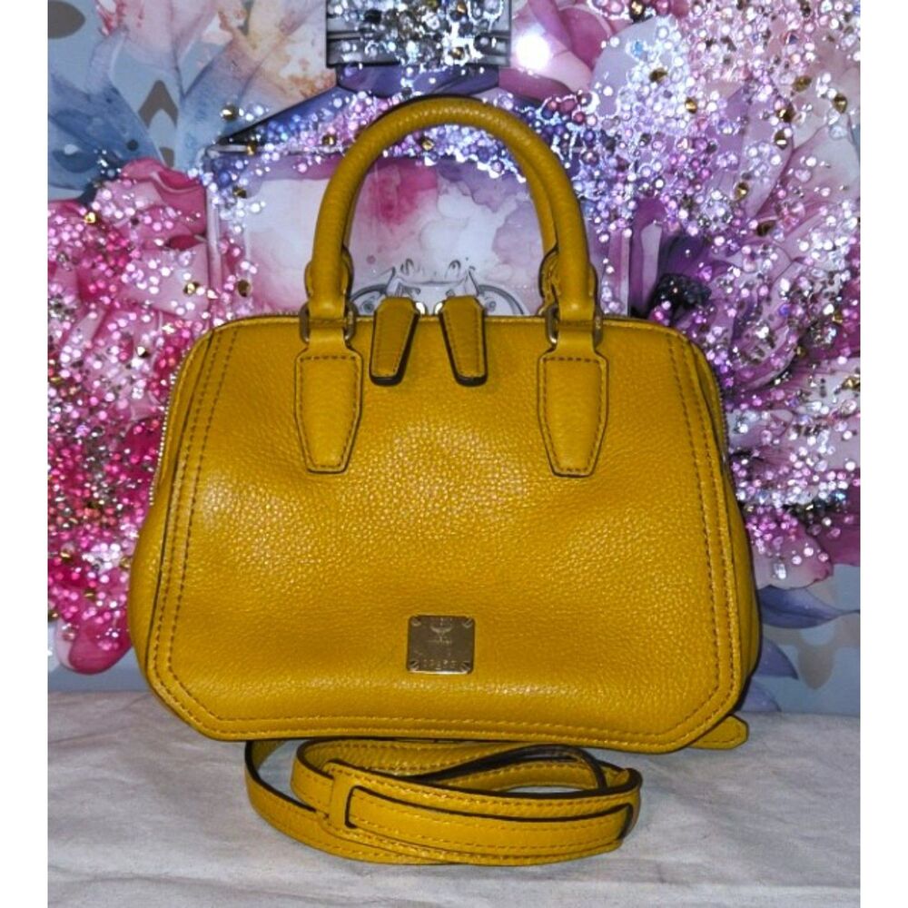 Authentic MCM Mustard Yellow Pebbled Leather Small Satchel